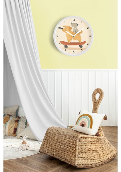 Kay Kay Yapan Sevimli Köpekler Modern Çocuk Odası Duvar Saati - 30CM - Önü Camlı Beyaz Kasa fiyatları