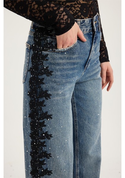 Dantel Şeritli Jean Pantolon fırsatları
