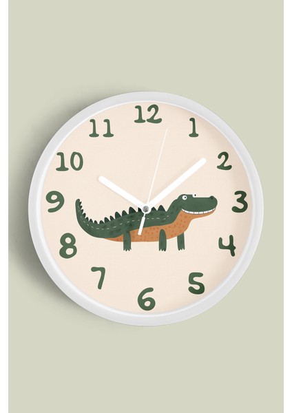 Sevimli Timsah Çocuk Odası Modern Duvar Saati - 30CM - Önü Camlı Beyaz Kasa - Sessiz Mekanizma