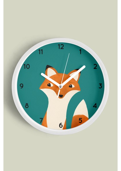 Sevimli Tilki Modern Çocuk Odası Duvar Saati - 30CM - Önü Camlı Beyaz Kasa - Sessiz Mekanizma