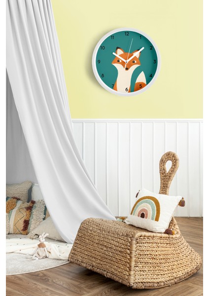 Sevimli Tilki Modern Çocuk Odası Duvar Saati - 30CM - Önü Camlı Beyaz Kasa - Sessiz Mekanizma fiyatları