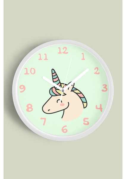 Unicorn Tasarımı Çocuk Odası Duvar Saati - 30CM - Önü Camlı Beyaz Kasa - Sessiz Mekanizma