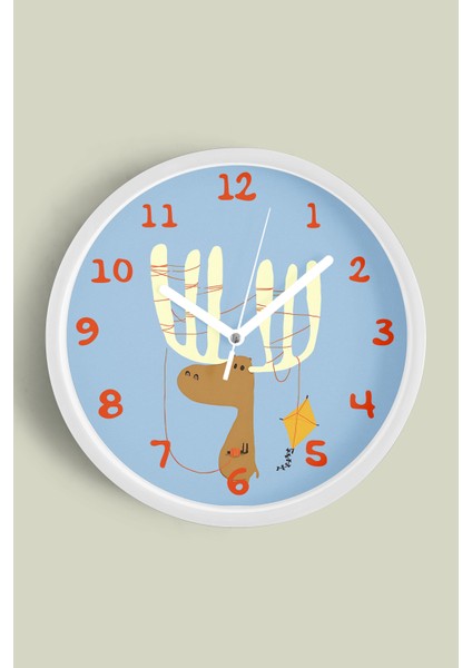 Uçurtma Uçuran Sevimli Geyik Çocuk Odası Duvar Saati - 30CM - Önü Camlı Beyaz Kasa