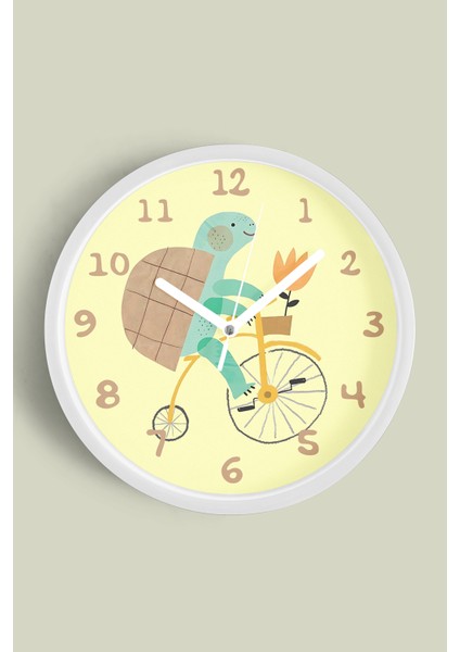 Bisiklet Süren Kaplumbağa Çocuk Odası Duvar Saati - 30CM - Önü Camlı Beyaz Kasa - Sessiz Mekanizma