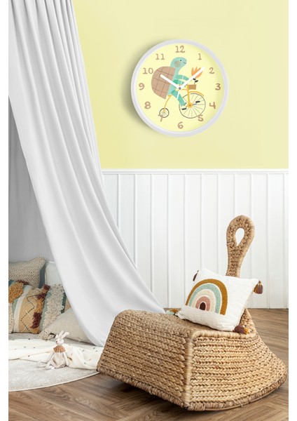 Bisiklet Süren Kaplumbağa Çocuk Odası Duvar Saati - 30CM - Önü Camlı Beyaz Kasa - Sessiz Mekanizma fiyatları