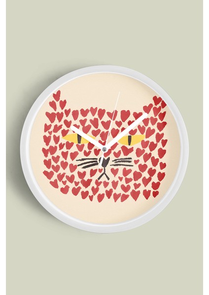 Sevimli Kedi Temalı Modern Duvar Saati - 30CM - Önü Camlı Beyaz Kasa - Sessiz Mekanizma