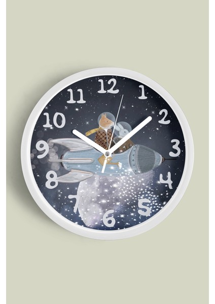 Yıldızlı Hayvanlı Uzay - Astronot - Astronomi Temalı Modern Duvar Saati - 30CM - Önü Camlı