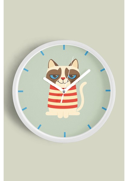 Kedi Tasarım Modern Duvar Saati - 30CM - Önü Camlı Beyaz Kasa - Sessiz Mekanizma
