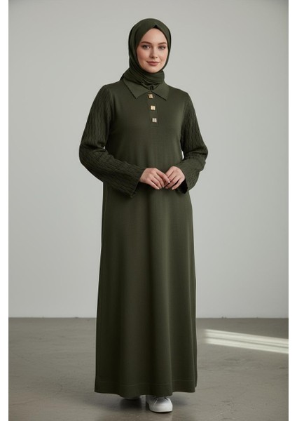 Kadın Merserize Kumaş Düğme Aksesuarlı Triko Elbise - MDS005555ELBS