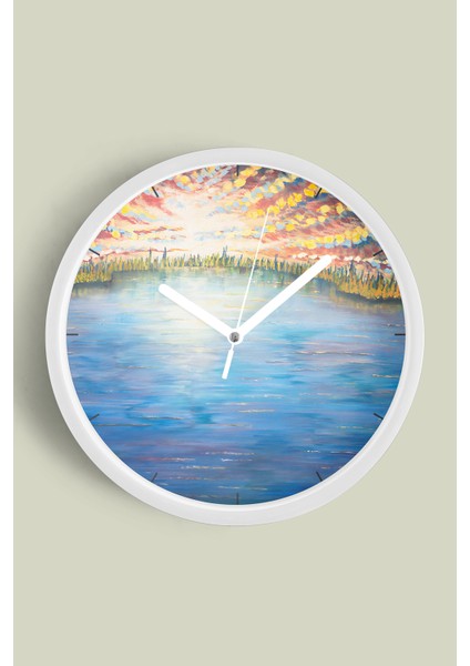Soyut Doğa Manzara Temalı Modern Duvar Saati - 30CM - Önü Camlı Beyaz Kasa - Sessiz Mekanizma