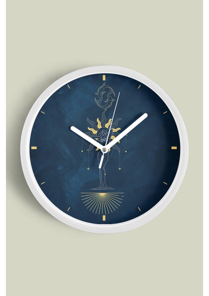 Balık Burcu - Burçlar Modern Duvar Saati - 30CM - Önü Camlı Beyaz Kasa - Sessiz Mekanizma