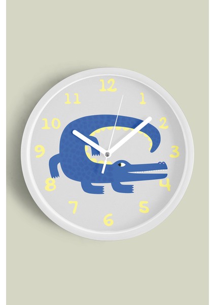 Sevimli Timsah Çocuk Odası Duvar Saati - 30CM - Önü Camlı Beyaz Kasa - Sessiz Mekanizma