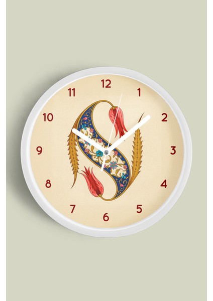 Hat Sanatı Motifli Osmanlı Desenli Klasik Islami Modern Duvar Saati - 30CM - Önü Camlı Beyaz Kasa