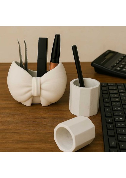 3'lü El Yapımı Dekoratif Saksı Handmade Taş Tozu Fiyonk Tasarım Mumluk Kalemlik Sukulent Obje 8cm