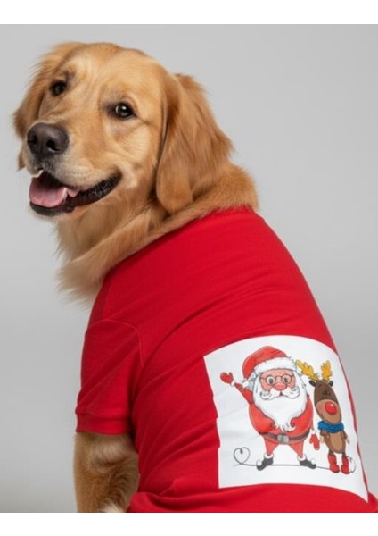 Noel Baba ve Geyik Baskılı Kırmızı Pamuklu Yılbaşı Köpek Tişörtü | Orta ve Büyük Irklar Için
