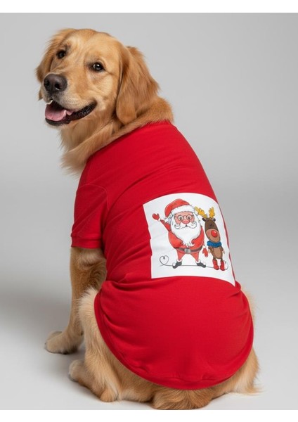Noel Baba ve Geyik Baskılı Kırmızı Pamuklu Yılbaşı Köpek Tişörtü | Orta ve Büyük Irklar Için fiyatları