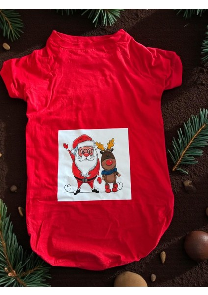 Noel Baba ve Geyik Baskılı Kırmızı Pamuklu Yılbaşı Köpek Tişörtü | Orta ve Büyük Irklar Için fırsatları