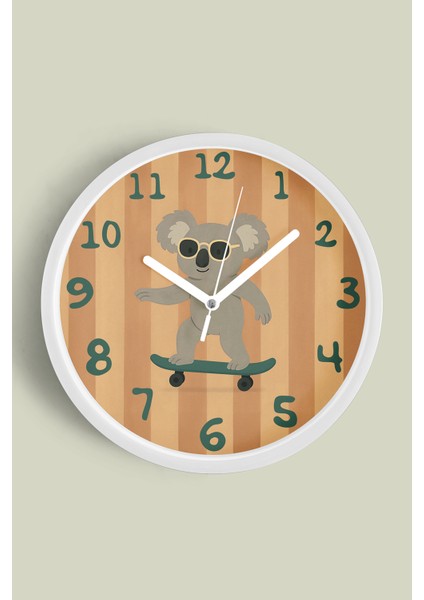 Güneş Gözlüklü Kaykay Yapan Sevimli Koala Çocuk Odası Modern Duvar Saati - 30CM - Önü Camlı