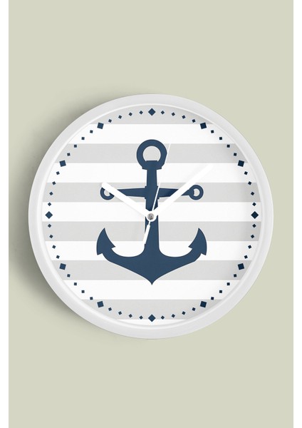 Çapa Tasarımlı Modern Duvar Saati - 30CM - Önü Camlı Beyaz Kasa - Sessiz Mekanizma