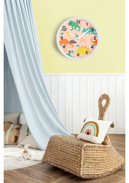 Renkli Dinozor Desenli Çocuk Odası Duvar Saati - 30CM - Önü Camlı Beyaz Kasa - Sessiz Mekanizma fiyatları