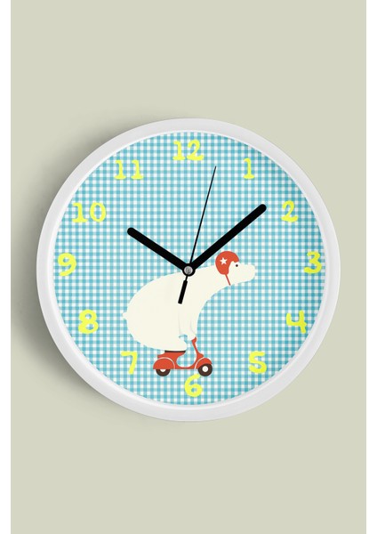 Scooter Süren Ayı Çocuk Odası Duvar Saati - 30CM - Önü Camlı Beyaz Kasa - Sessiz Mekanizma