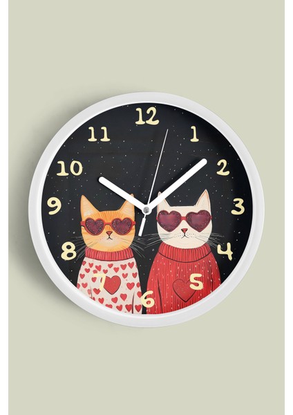 Kediler Modern Duvar Saati - 30CM - Önü Camlı Beyaz Kasa - Sessiz Mekanizma