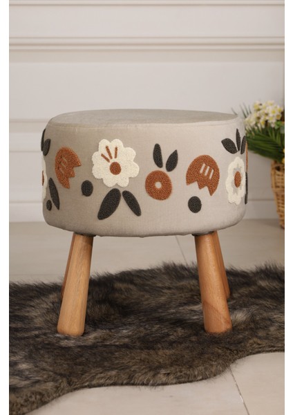 Pufcuk Dekoratif Rahat ve Konforlu Puf - Nakışlı Punc Işlemeli - Krem Renkli - Doğal Ahşap Bohem Ayaklı - Yuvarlak Puf - Çok Amaçlı Kullanım - Modern Bench