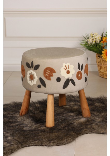 Pufcuk Dekoratif Rahat ve Konforlu Puf - Nakışlı Punc Işlemeli - Krem Renkli - Doğal Ahşap Bohem Ayaklı - Yuvarlak Puf - Çok Amaçlı Kullanım - Modern Bench fiyatları