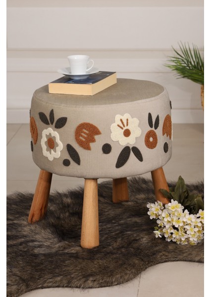 Pufcuk Dekoratif Rahat ve Konforlu Puf - Nakışlı Punc Işlemeli - Krem Renkli - Doğal Ahşap Bohem Ayaklı - Yuvarlak Puf - Çok Amaçlı Kullanım - Modern Bench modelleri