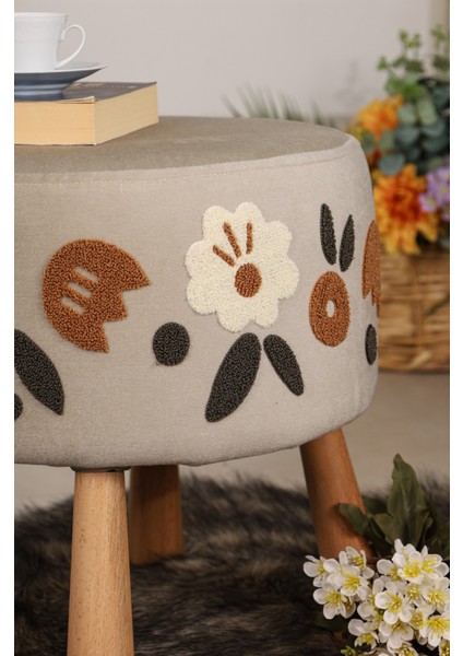 Pufcuk Dekoratif Rahat ve Konforlu Puf - Nakışlı Punc Işlemeli - Krem Renkli - Doğal Ahşap Bohem Ayaklı - Yuvarlak Puf - Çok Amaçlı Kullanım - Modern Bench fırsatları