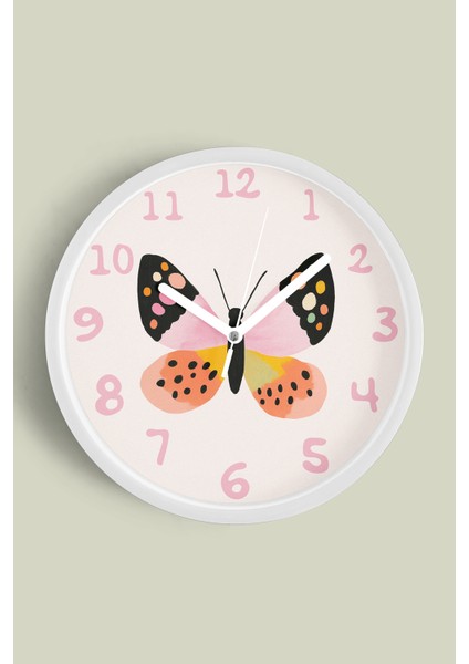 Sevimli Renkli Kelebek Çocuk Odası Modern Duvar Saati - 30CM - Önü Camlı Beyaz Kasa