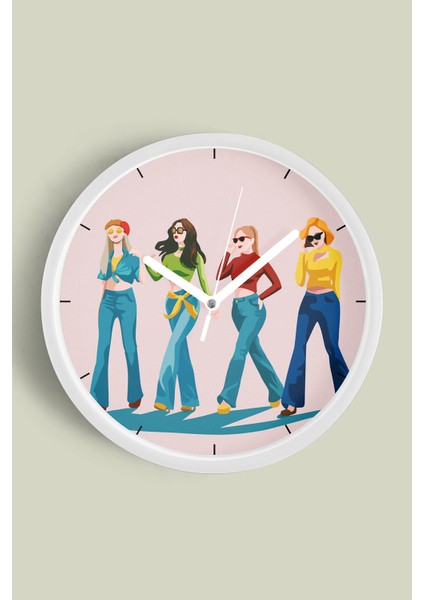 Havalı Kadınlar Tasarımı Modern Duvar Saati - 30CM - Önü Camlı Beyaz Kasa - Sessiz Mekanizma