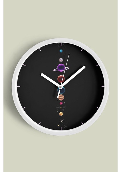 Gezegenler Modern Tasarım Duvar Saati - 30CM - Önü Camlı Beyaz Kasa - Sessiz Mekanizma