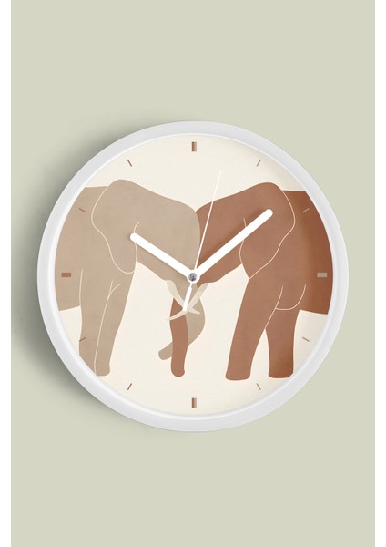 Soyut - Bohem - Minimalist Fil Çiftleri Illüstrasyonu Modern Duvar Saati - 30CM - Önü Camlı