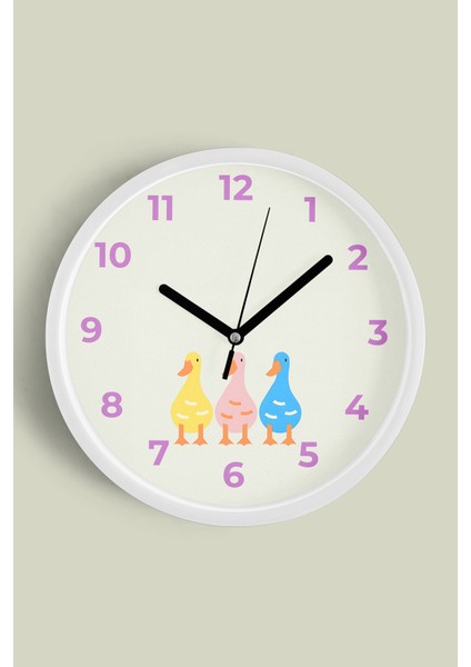 Renkli Kaz / Ördek Çocuk Odası Duvar Saati - 30CM - Önü Camlı Beyaz Kasa - Sessiz Mekanizma