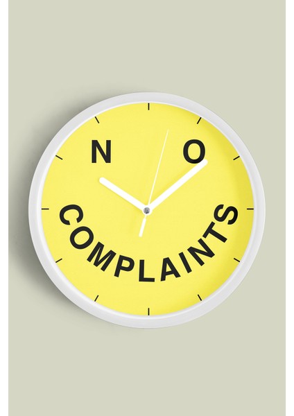 ' No Complaints '' Yazıllı Modern Tasarım Duvar Saati - 30CM - Önü Camlı Beyaz Kasa