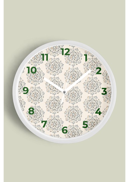 Mandala Tarzı Çiçek Çizimi Modern Duvar Saati - 30CM - Önü Camlı Beyaz Kasa - Sessiz Mekanizma