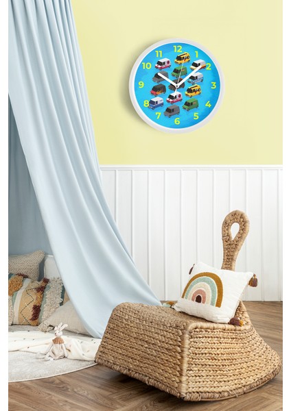 Renkli Minibüs Çizimli Modern Çocuk Odası Duvar Saati - 30CM - Önü Camlı Beyaz Kasa fiyatları