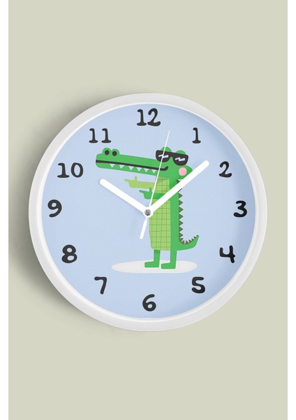 Sevimli Timsah Çocuk Odası Duvar Saati - 30CM - Önü Camlı Beyaz Kasa - Sessiz Mekanizma