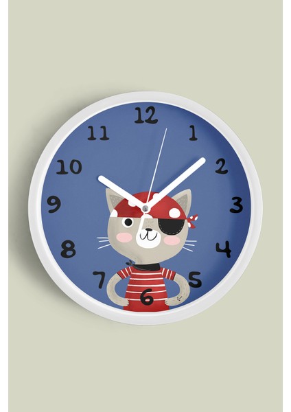 Korsan Kedi Çizimli Çocuk Odası Duvar Saati - 30CM - Önü Camlı Beyaz Kasa - Sessiz Mekanizma