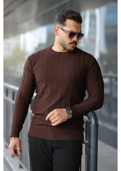 Erkek Bisiklet Yaka Çizgi Kabartmalı Uzun Kollu Triko