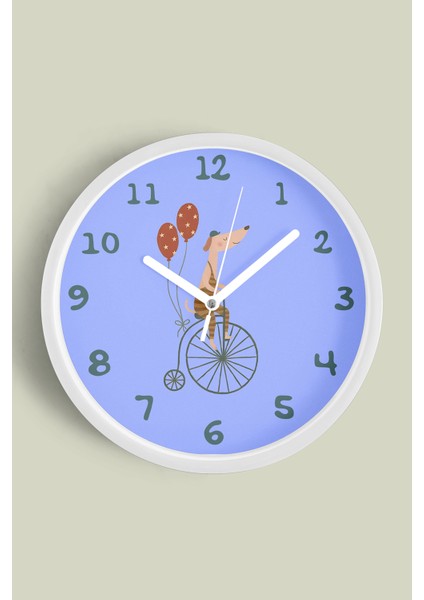 Bisiklet Süren Köpek Çocuk Odası Duvar Saati - 30CM - Önü Camlı Beyaz Kasa - Sessiz Mekanizma