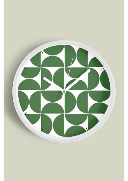 Yeşil Geometrik Desenli Modern Duvar Saati - 30CM - Önü Camlı Beyaz Kasa - Sessiz Mekanizma