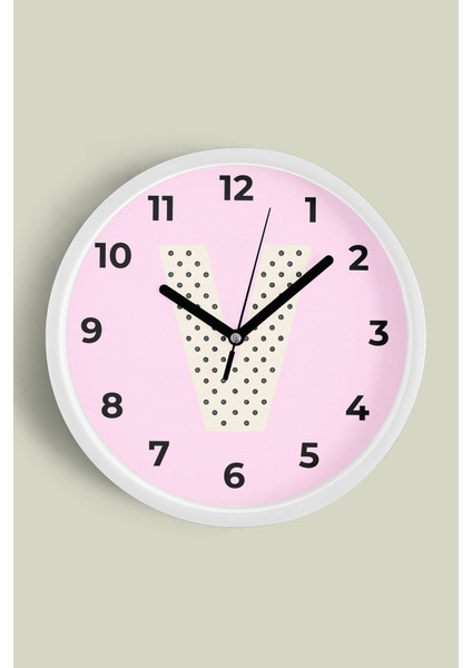 V Harfi Kız Odası Duvar Saati - 30CM - Önü Camlı Beyaz Kasa - Sessiz Mekanizma