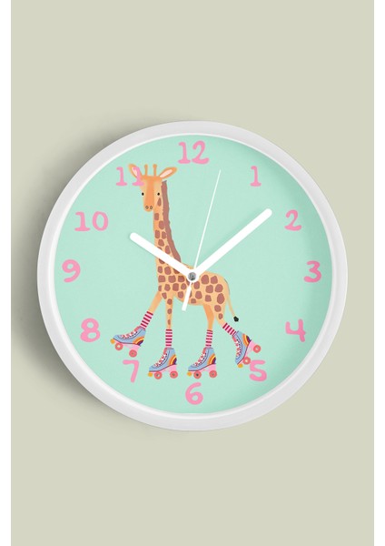 Paten Kayan Sevimli Zürafa Çocuk Odası Duvar Saati - 30CM - Önü Camlı Beyaz Kasa - Sessiz Mekanizma