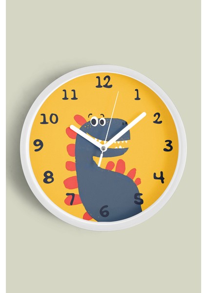 Sevimli Dinozor Çizimli Çocuk Odası Duvar Saati - 30CM - Önü Camlı Beyaz Kasa - Sessiz Mekanizma