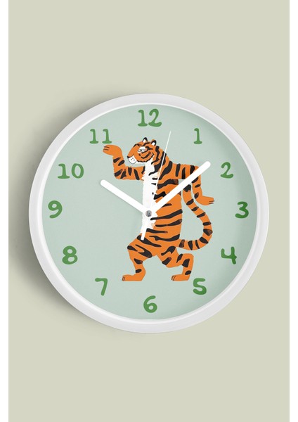 Sevimli Kaplan Çocuk Odası Duvar Saati - 30CM - Önü Camlı Beyaz Kasa - Sessiz Mekanizma