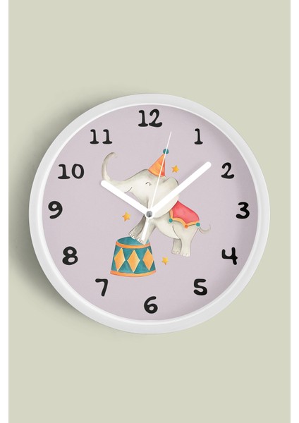 Sevimli Fil Çocuk Odası Duvar Saati - 30CM - Önü Camlı Beyaz Kasa - Sessiz Mekanizma