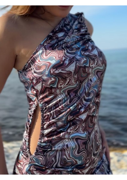 Turkuaz Bele Oturan Midi Tek Omuz Saten Elbise indirimleri