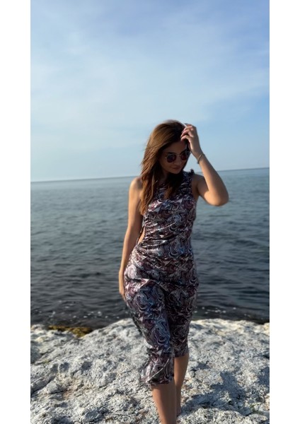 Turkuaz Bele Oturan Midi Tek Omuz Saten Elbise